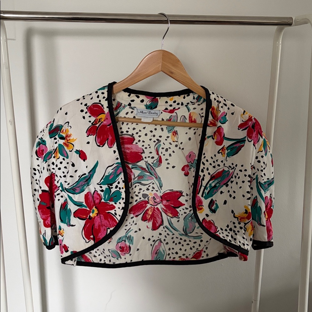 Floral Cropped Bolero Jacket in White with Pink & Teal Flowers